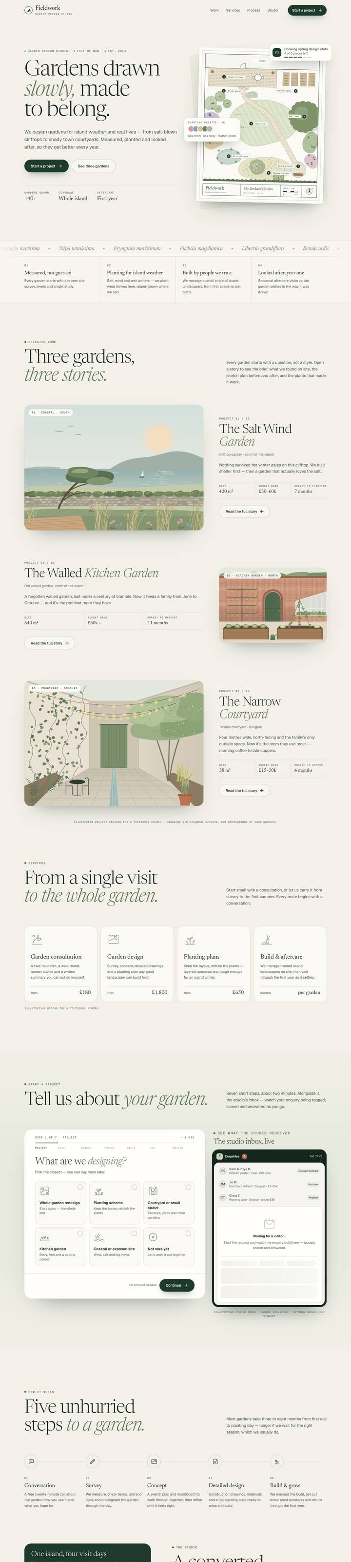 Fieldwork concept garden design studio website with project requests